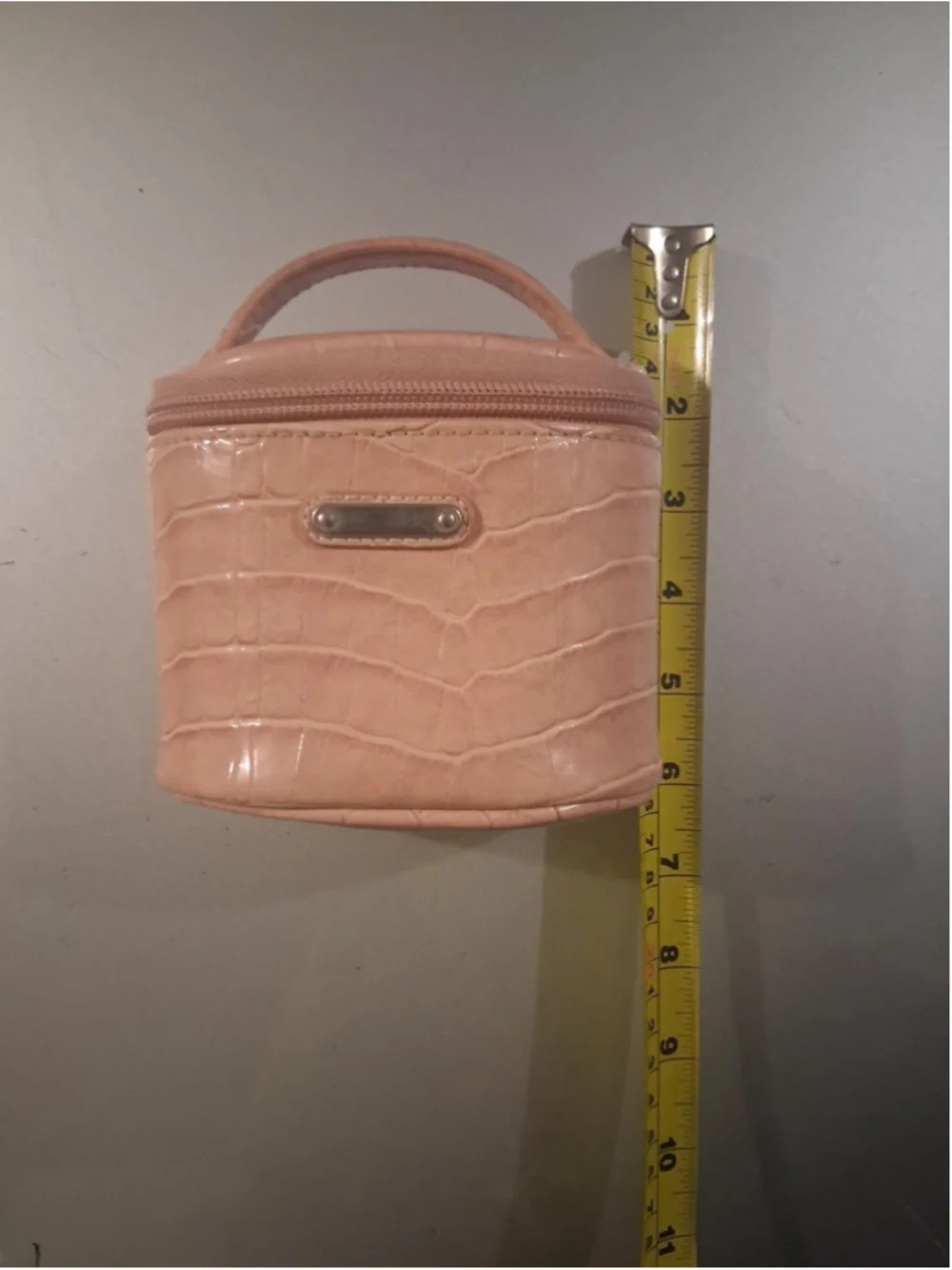 Pink Croc-Embossed Faux Leather Makeup Bag with Handle, Mirror & Zipper 6x5